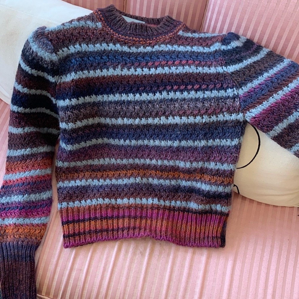 Purple and Blue Crew Neck Sweater with Ribbed Trim